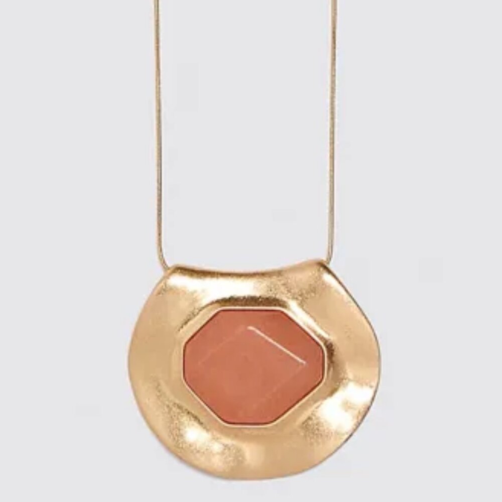 ZARA Long Coral Stone Necklace 70s Retro Modernist Gold tone Setting #1856/034